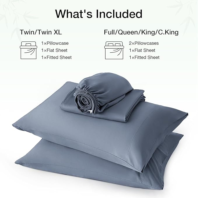 Love's cabin 4 Piece Full Size Sheet Set, 100% Rayon Derived from Bamboo, Cooling & Breathable, Soft Silky Deep Pocket up to 16", Hotel Luxury Bedding for Hot Sleepers, Bluish Grey