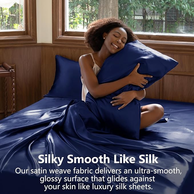 CozyLux Satin Sheets Queen Size Bed Set - 4 Piece Silky Queen Sheet Set, Luxury Navy Blue Queen Sheets with Smooth and Soft Microfiber, Includes 1 Fitted Sheet, 1 Flat Sheet and 2 Pillowcases