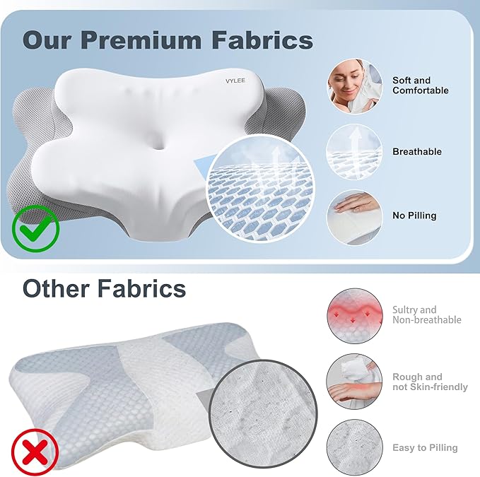 VYLEE Cervical Neck Pillow for Pain Relief, Ergonomic Memory Foam Pillow for Neck Support, Cooling Contour Orthopedic Pillow for Side, Back & Stomach Sleepers