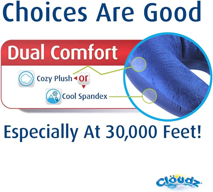 Cloudz Dual Comfort Microbead Airplane Travel Neck Pillow. Soft Cozy Plush Fabric on One Side, Cool Relaxing Spandex on The Other! Customize Your Comfort and Support at Home or On The Go! Bright Blue
