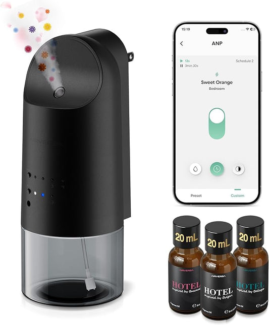 Airversa Smart Waterless Diffuser Plug in Wall for Essential Oils, 160mL, App Control Scent Diffuser with Buttons, Up to 800 sq ft, Oil Diffuser for Home, Room, Spa, Office, Studio, ANP Black Kit