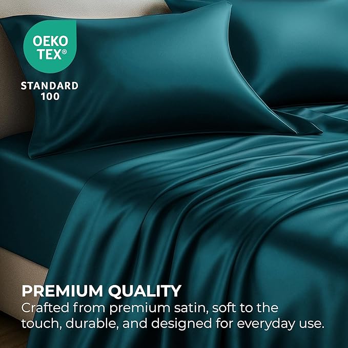 Satin Sheets Queen [4-Piece, Teal] Hotel Luxury Silky Bed Sheets - Extra Soft 1800 Microfiber Sheet Set, Wrinkle, Fade, Stain Resistant - Deep Pocket Fitted Sheet, Flat Sheet, Pillow Cases