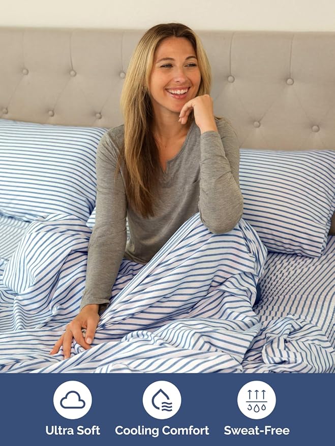 Extra Deep Split King Sheet Set - 5 Piece Breathable & Cooling Bed Sheets - Easily Fits 18 to 24 inch Mattress - Soft, Wrinkle & Fade Free w/ Extra Deep Pockets - Hotel Luxury Bedding - Blue Stripes 2