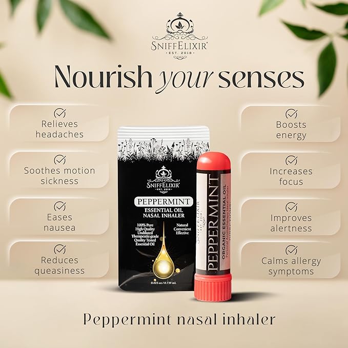 Peppermint Oil Aromatherapy Nasal Stick Vapor Inhaler for Migraine Relief - Nausea & Motion Sickness, USA Made with Organic Essential Oils, Tension Headache