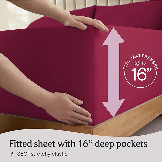 LuxClub 4 PC California King Sheet Set, Breathable Luxury Bed Sheets, Deep Pockets 18" Wrinkle Free Cooling Sheets Machine Washable Hotel Bedding Silky Soft - Burgundy Cal King