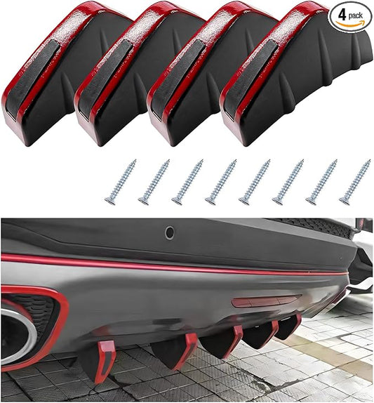 4 PCS Car Lower Bumper Lip Diffuser, Anti-Crash Auto Rear Splitter Lip Wing Protector with Mounting Screws, Universal Rear Spoiler Shark Fin Decoration for Car Truck SUV (Curved Black & Red)