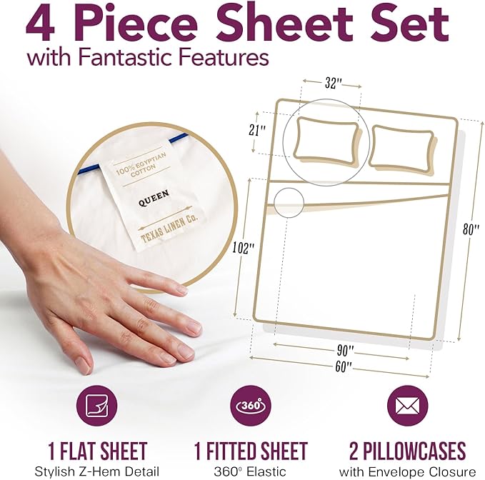 TEXAS LINEN CO. 100% Egyptian Cotton Queen Sheets Set - Luxury 1200 Series Star Sleepin' Damask Egyptian Cotton Sheets Queen Size (4 PC, Dark Grey Stripe), 17" Deep Pocket, Cooling Hotel Bedding Set