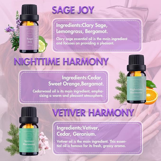 WECONA Essential Oils for Diffusers For Home - Dreamland Slumber Aromatherapy Oils Set for Humidifiers, 6x10ml - Essential Oil Blends Including Lavender, Cedar, Sweet Orange, Geranium, Roman Chamomile