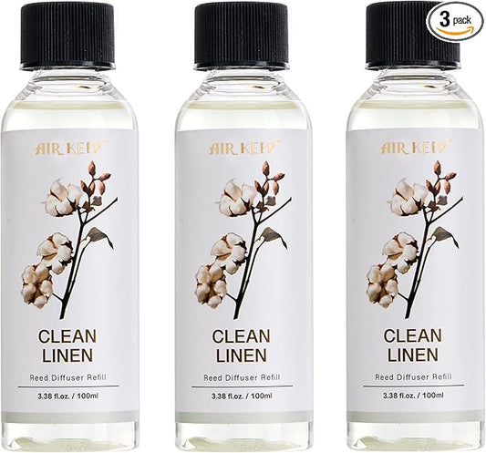 Airkeep Reed Diffuser Oil Refill/Clean Linen/3.38 oz(100ml)/3 Pack/Scented Oil Refill for Reed Diffuser Home Fragrance for Bedroom, Bathroom Office Home Decor