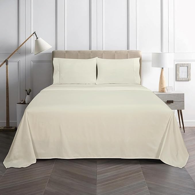 ROYALE LINENS Bamboo Viscose King Sheet Set - Cooling Bed Sheet Set - 1 Fitted, 1 Flat & 2 Pillowcase - Fits Up to 16" - Organic Viscose Derived from Bamboo - Bedding Sheet Set (King, Egret)
