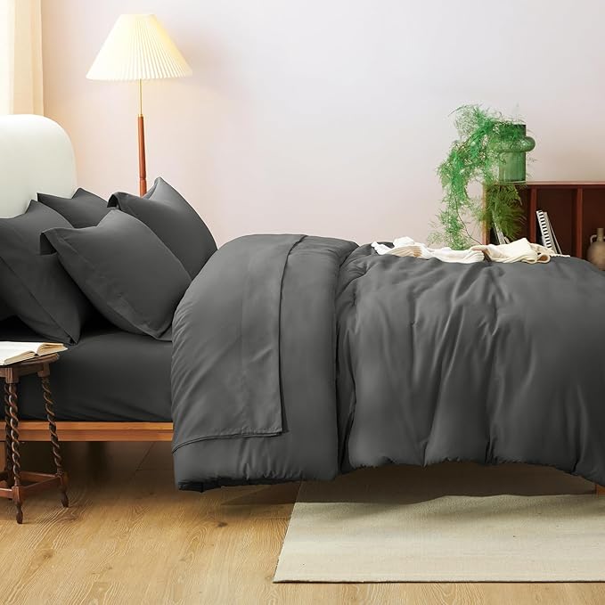 CozyLux Queen Comforter Set Dark Grey, 7 Pieces Bed in a Bag Queen Comforter Set with Sheets, Dark Gray Luxury Bed Sets with Down Alternative Comforter, Fitted Sheet, Flat Sheet, Pillowcases & Shams