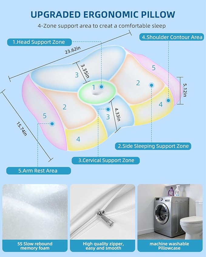 VADSBO Sleep Pillow Ergonomic Contour Design with Side Sleeping Armrest Area Neck Support Pillow for Side, Back and Stomach Sleepers White