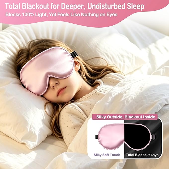 Kids Sleep Mask Eye Cover, Silk Sleeping Mask for Kids, Soft Blackout Blindfold Eye Mask with Adjustable Strap & Laundry Bag for Easy Washing, Gift for Girls Boys Ages 5-15 (Pink)