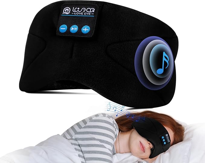 LOVE EYE Sleep Headphones Bluetooth 5.4 Sleeping Eye Mask Wireless Music Earphones with HD Speakers for Side Sleepers Total Blackout Cotton Mask for Travel, Office, Unique Gifts (Black)