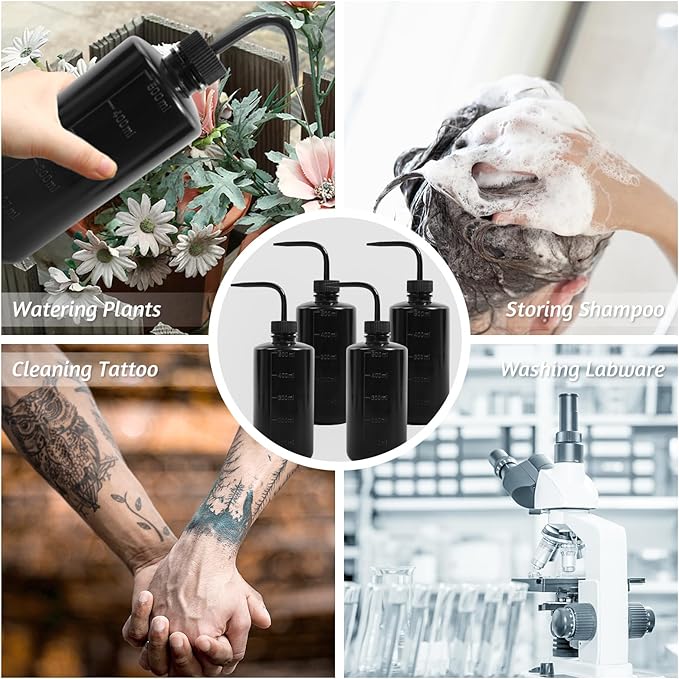 4 Packs Tattoo Wash Bottle Water Squirt Squeeze Diffuser Bottles (Black, 500ml)