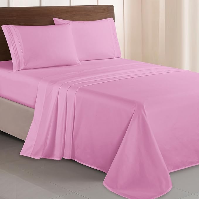 Elegant Comfort Luxurious 1500 Premium Hotel Quality Microfiber Three Line Embroidered Softest 4-Piece Bed Sheet Set, Wrinkle and Fade Resistant, King, Light Pink