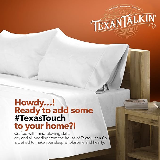 TEXAS LINEN CO. 100% Egyptian Cotton Sheets - Texan Talkin' Collection 600 Series 3 PC Twin XL Sheet Set (White), Soft, Cooling, Sateen Weave, Extra Long Staple Luxury Bedding, 16" Deep Pocket