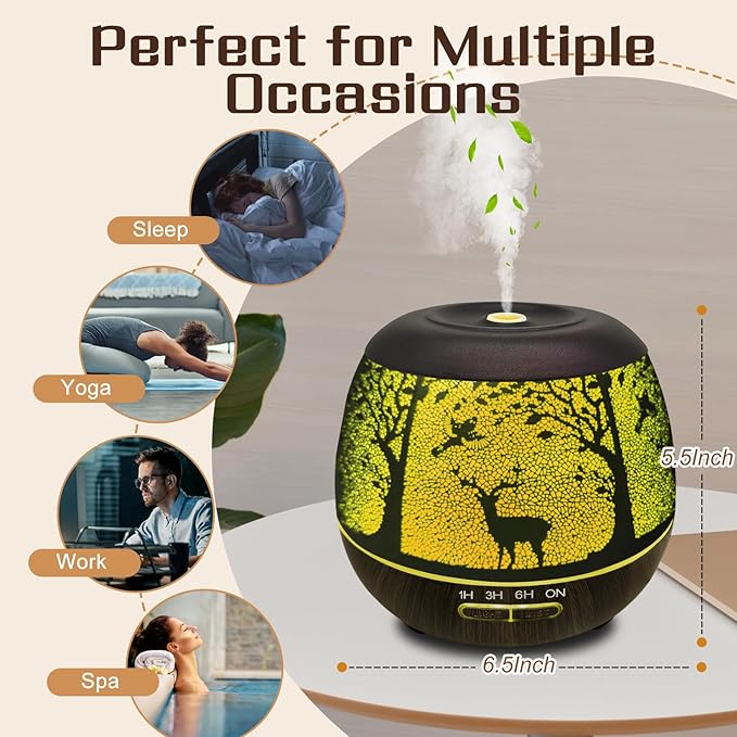 Essential Oil Diffuser for Bedroom 400ml Bluetooth,Diffusers for Home with R/C,Cool Mist Humidifier Large Room,Ultrasonic Scent Diffuser Waterless Auto Off,7 Colors Light & 3 Mist Modes for Desk Deer