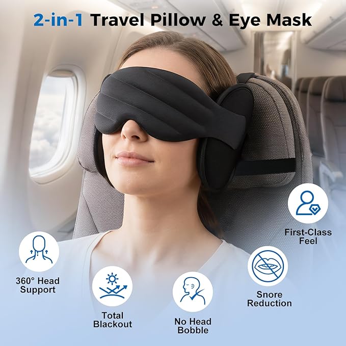360° Head Support Travel Pillow with Sleep Mask, 2-in-1 Adjustable Headrest Neck Pillow with Eye Mask for Airplane, Car, Office, Light Blocking Sleep Mask for Men Women, Black
