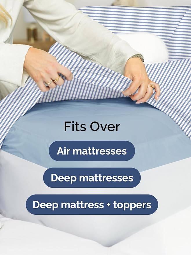 Extra Deep Queen Sheet Set - 4 Piece Breathable & Cooling Bed Sheets - Easily Fits 18 - 24 inch Mattress - Ultra Soft, Wrinkle & Fade Free w/ Extra Deep Pockets - Hotel Luxury Bedding - Blue Stripes 2