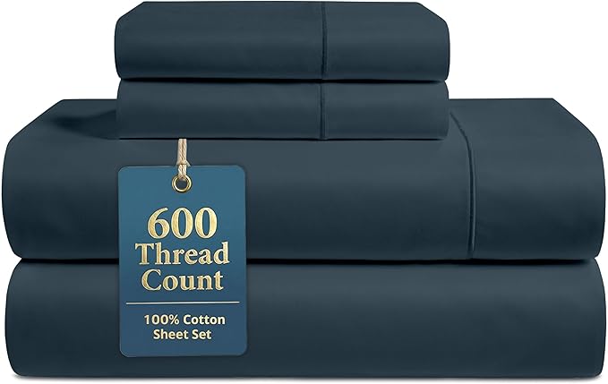 LANE LINEN 100% Cotton Sheets Queen Size – 600 Thread Count Naturally Cooling Queen Bed Set, Durable Bedding for Daily Use, Luxury Sateen Finish, Snug Fit 15" Deep Pocket Fitted Sheet – Estate Blue