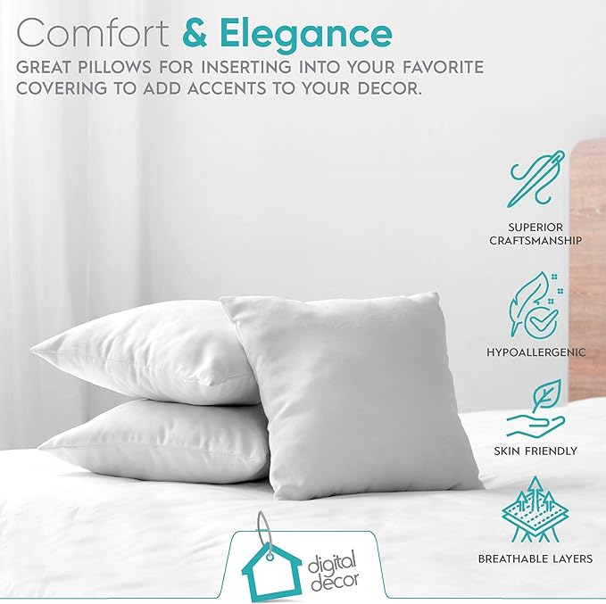 Digital Decor Decorative Throw Pillow Inserts 18x18 Set of 2, Luxury Down Alternative Hypoallergenic Cushion Forms for Sofa, Couch & Bed, Made in USA Square Pillow Inserts, White