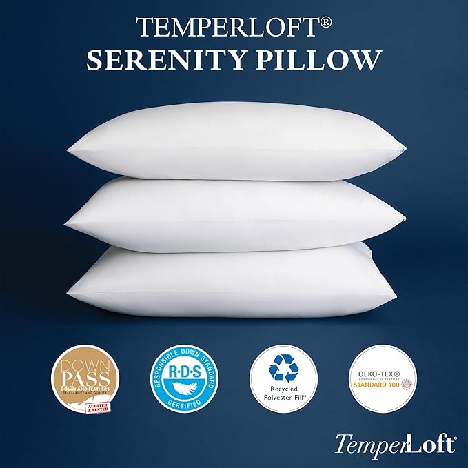 Manchester Mills TemperLoft Serenity Pillows Queen (Set of 2), Down/Down Alternative Fill, 20x30, 100% Cotton Cover, Found in Leading Hotels Nationwide Hospitality Quality Delivered to Your Home