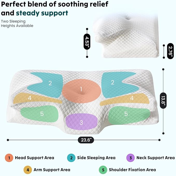 DUMOS Cervical Neck Pillow for Sleeping, Cooling Ergonomic Memory Foam Pillow with Arm Rest Slot and Ice Silk Pillowcase, Dual Height Orthopedic Support Contour for Side, Back, Stomach Sleepers
