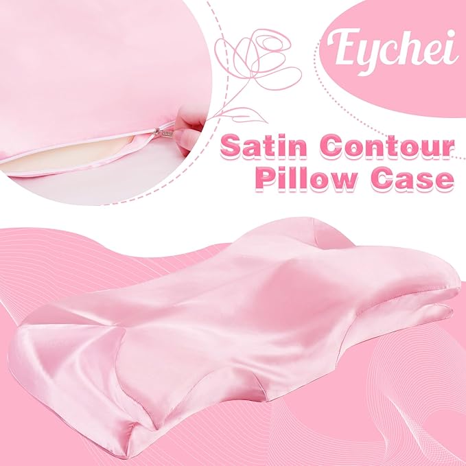 Satin Pillowcase for Cervical Pillow, Pink Silky Cervical Pillow Case Contour Pillow Case Cover with Zipper, Smooth Ergonomic Pillowcase for Neck Pillow Cover