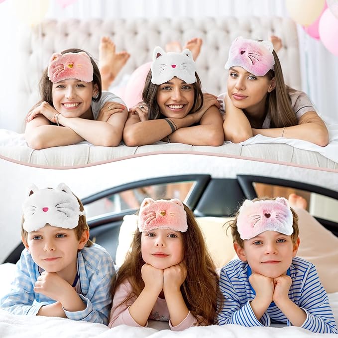Geyoga 3 Pcs Sleep Mask for Kids, Girls Plush Sleeping Eye Cover Soft Eye Blindfold Cover Animal Shade for Kids(White, Pink and Rainbow Color,Cat Style)