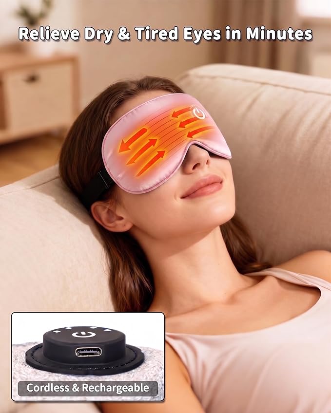 Heated Eye Mask for Dry Eyes (Pink) - USB Rechargeable Eye Warmer with 100% Pure Mulberry Silk, FSA- HSA Eligible, Eye Relief, Improved Sleep, 22 Momme Cordless Warm Compress for Beauty Sleep