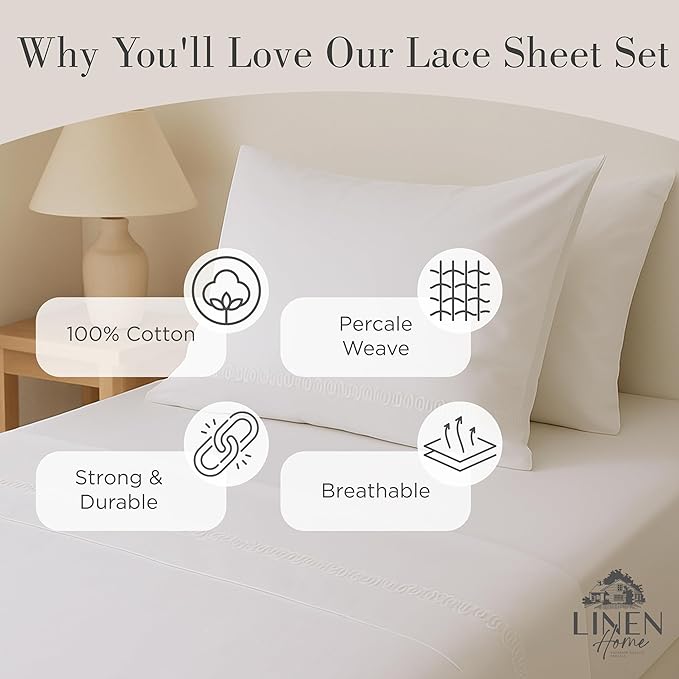 Linen Home 100% Cotton Percale Interlocked Loops Lace Pillowcases King Size, White, 2 Pieces of Pillow Case, Crisp and Cool Strong Bed Linen, 20 inches X 40 inches