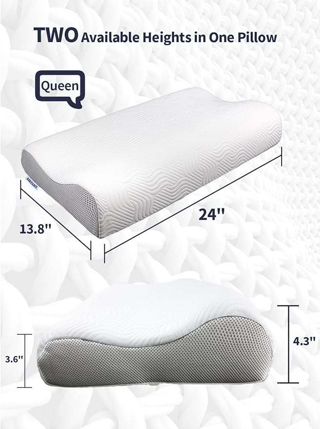 Memory Foam Contour Pillow for Neck Pain Relief, Ergonomic Cervical Pillow with 2 Heights - Orthopedic Support for Side/Back/Stomach Sleepers, Breathable Removable Cover, Queen Size