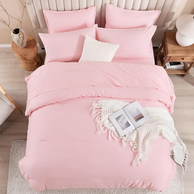 Litanika Full Size Comforter Sets Pink - 7 Pieces Bed in a Bag Full Bedding Comforter Sets, Solid Lightweight Bed Set with Comforter, Sheets, Pillowcases & Shams
