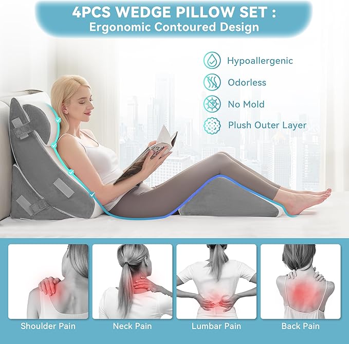 Kingfun 4PCS Orthopedic Bed Wedge Pillow Set for Sleeping, Post Surgery Memory Foam Support Pillows for Back, Neck and Leg Pain Relief, Adjustable Triangle Pillow - Acid Reflux, Anti Snoring & GERD