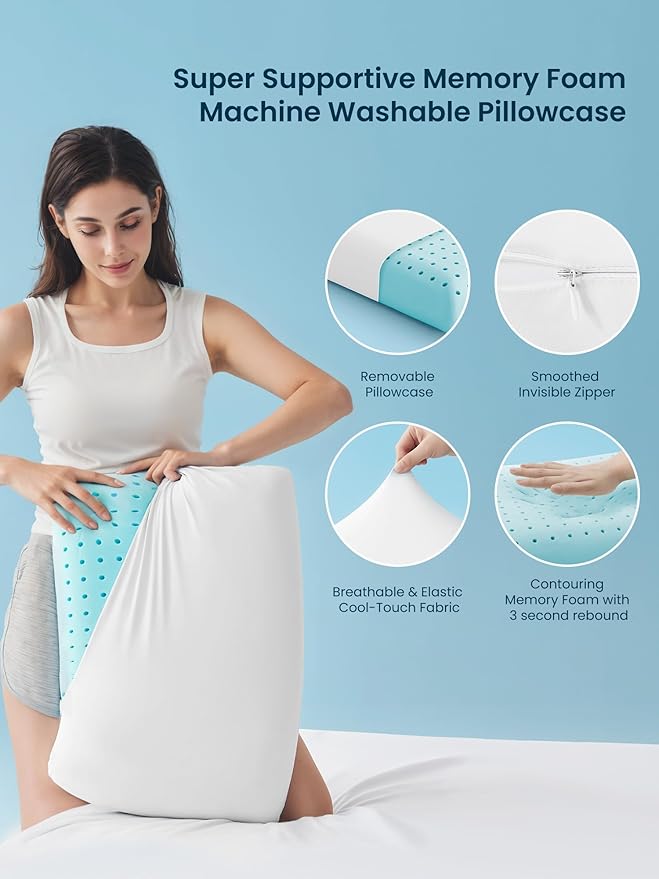 SLEEP ZONE Cooling Memory Foam Pillow - Odorless, Breathable, Skin-Friendly with Superior Support for Back, Stomach or Side Sleepers, Home, Hotel, Hospital Essentials (White, Queen, 2 Pack)
