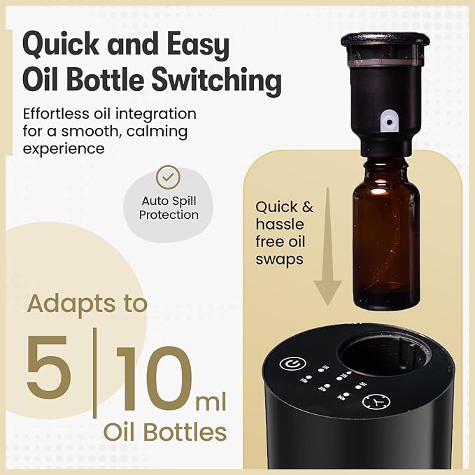 Waterless Essential Oil Diffuser for Car & Home with 3x10ml Oils, Portable Aromatherapy Device, USB-C Rechargeable, 3 Mist Modes, Long Lasting Scent – Black