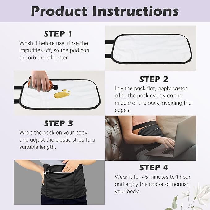 2 Pack Castor Oil Pack Wrap Organic Cotton for Liver Detox, Reusable Castor Oil Compress Highly Absorbent Anti Oil Leak, Black（Oil are Not Include