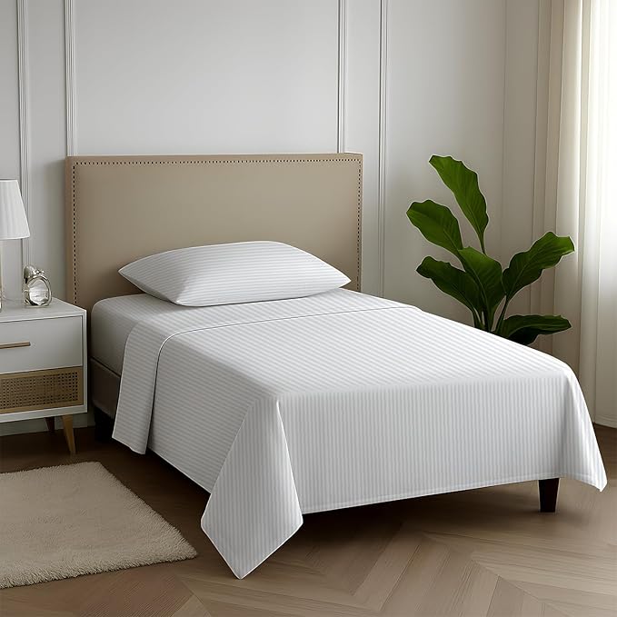 Carressa Linen Striped Egyptian Cotton Sheets Twin XL Size - 600 Series Hydrangeas Collection Damask Twin XL Deep Pockets Sheet Set (3 PC, White Stripe), Sateen Bottom Sheets for Dorm Room
