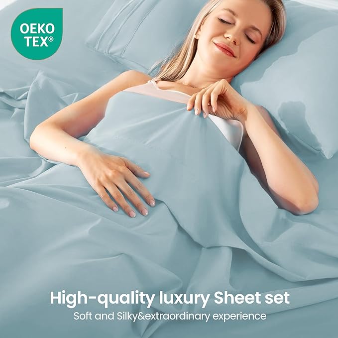 ROSE&RISY Light Blue Twin Sheet Set, 3 Pieces Soft Bedding Twin Sheet Set, Breathable and Cooling,Includes 1 Fitted, 1 Flat, 1 Pillowcase - Deep Pocket (Light Blue, Twin)