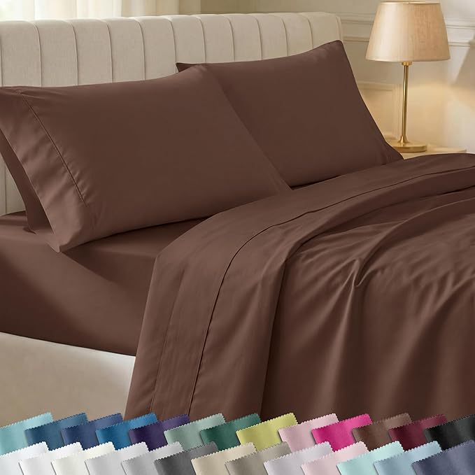 California Design Den Soft 100% Cotton Bed Sheets Twin XL Size Set, 400 Thread Count Good Housekeeping Award Winner, Silky Smooth Sateen, Durable Twin XL Bed Sheet Set - Espresso Chocolate Brown