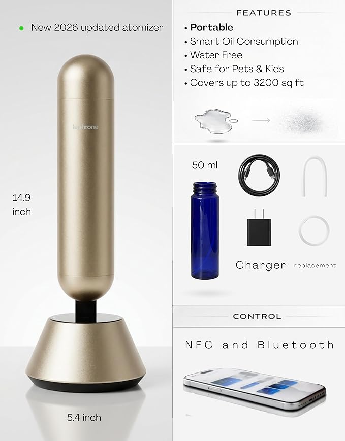 Smart Cold Air Diffuser Waterless Oil Aromatherapy Machine, Bluetooth Scent Diffuser, Cylindrical Capsule Shape, Quiet Modern Home Fragrance Diffuser 100ml, Portable (Gold)