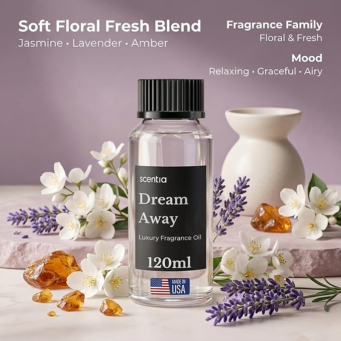 Scentia Dream Away Premium Floral Fragrance Oil for Diffusers – Spring Summer Luxury Home Scent with Jasmine, Lavender & Amber – Cold Air & HVAC Diffuser Oil Refill – 120 ml (4.06 fl oz)