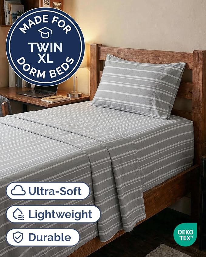 Extra Deep Twin XL Sheet Set - 3 Piece Breathable & Cooling Bed Sheets - Easily Fits 18 to 24 inch Mattress - Soft, Wrinkle & Fade Free w/ Extra Deep Pockets - Hotel Luxury Bedding - Grey Stripes 3