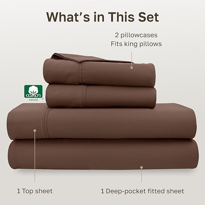 CALIFORNIA DESIGN DEN Soft 100% Cotton Bed Sheets King Size Set, 400 Thread Count Good Housekeeping Award Winner, Silky Smooth Sateen, Durable Deep Pocket King Bed Sheet Set - Espresso Chocolate Brown