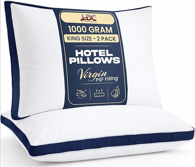 LUX Décor Gusseted Style Soft Hotel Pillows Set of 2 – for Side, Stomach & Back Sleepers - Down Alternative Hotel Bed Pillows – 100% Microfiber Cover, Virgin PSF Fill – Navy, Queen 26x18