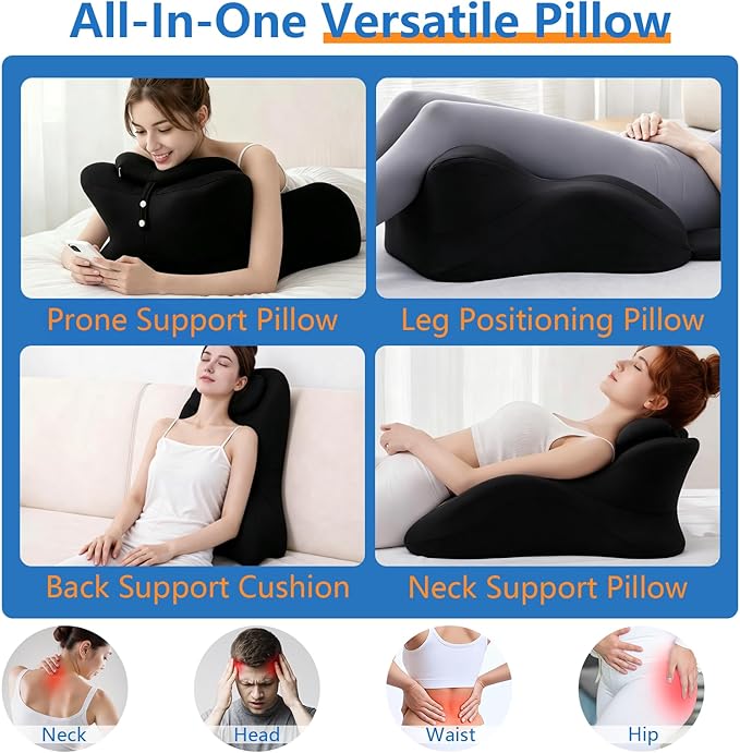 Memory Foam Wedge Pillow, Ergonomic Contoured Intimacy Couples Pillow, 27° Angled Neck Support Pillow Back Support Cushion, Multi-Functional Bed Position Pillow with Removable Cover Black