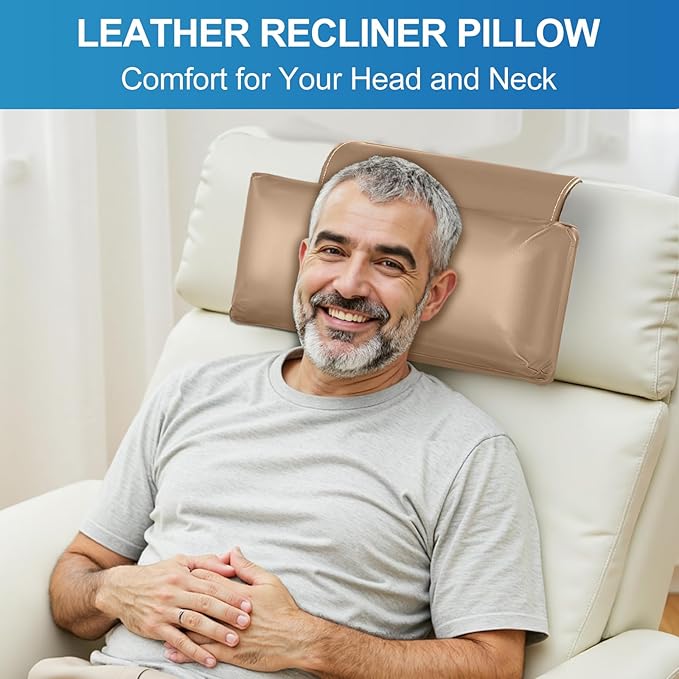 Leather Recliner Pillow, Adjustable Neck & Head Support Pillow, Pu Leather Non-Slip Headrest for Pain Relief & Relaxation, Ideal for Recliner Chair, Couch, Office Chair, Sofa