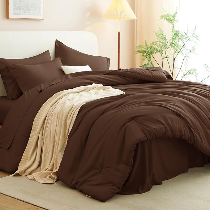 CozyLux Oversized Queen Comforter Set Brown, 7 Pieces Bed in a Bag Comforter Set with Sheets, Luxury Soft Bedding Sets with Down Alternative Comforter, Fitted Sheet, Flat Sheet, Pillowcases & Shams