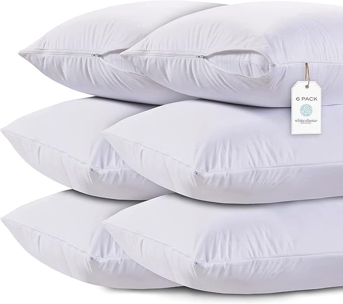 White Classic Zippered Style Pillow Case Cover - Luxury Collection 200 Thread Count, Soft Quiet Zippered Pillow Protectors, Standard Size, 6 Pack Pillow Shams